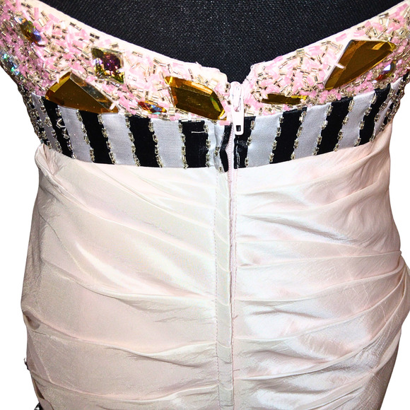 CAMILLE LA VIE STRAPLESS CRYSTAL PINK & BLACK STRIPED PARTY/WEDDING GOWN DRESS - Picture 4 of 7